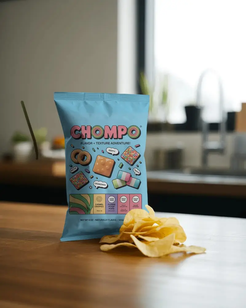 Food Grade Flexible Snack Pack Pouch Mockup Table With Casual Kitchen Environment Lighting