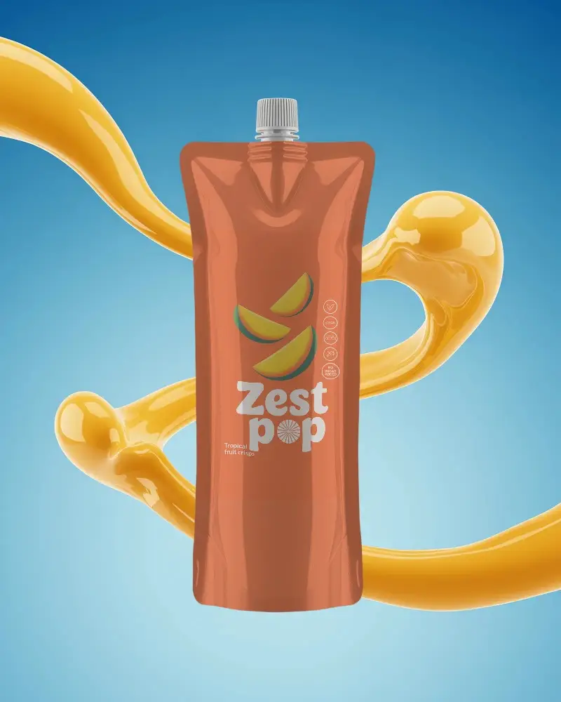 Realistic Standing Pouch Packaging Mockup With Screw Cap For Beverages And Sauces