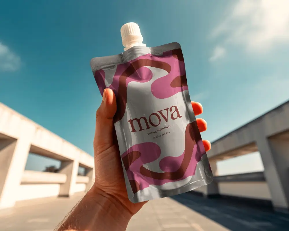 Outdoor Hand Held Pouch Mockup Against Clear Blue Sky Minimal Packaging Showcase