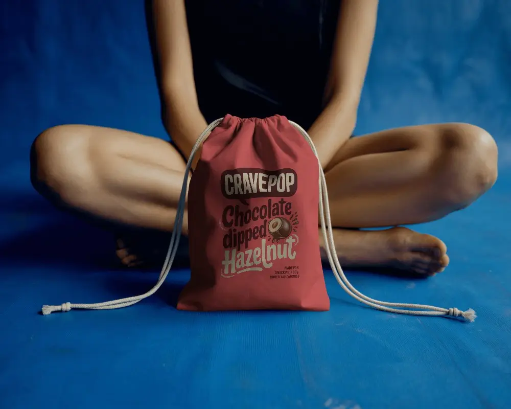 Lifestyle Drawstring Pouch Mockup Placed Front While Model Sits Cross Legged