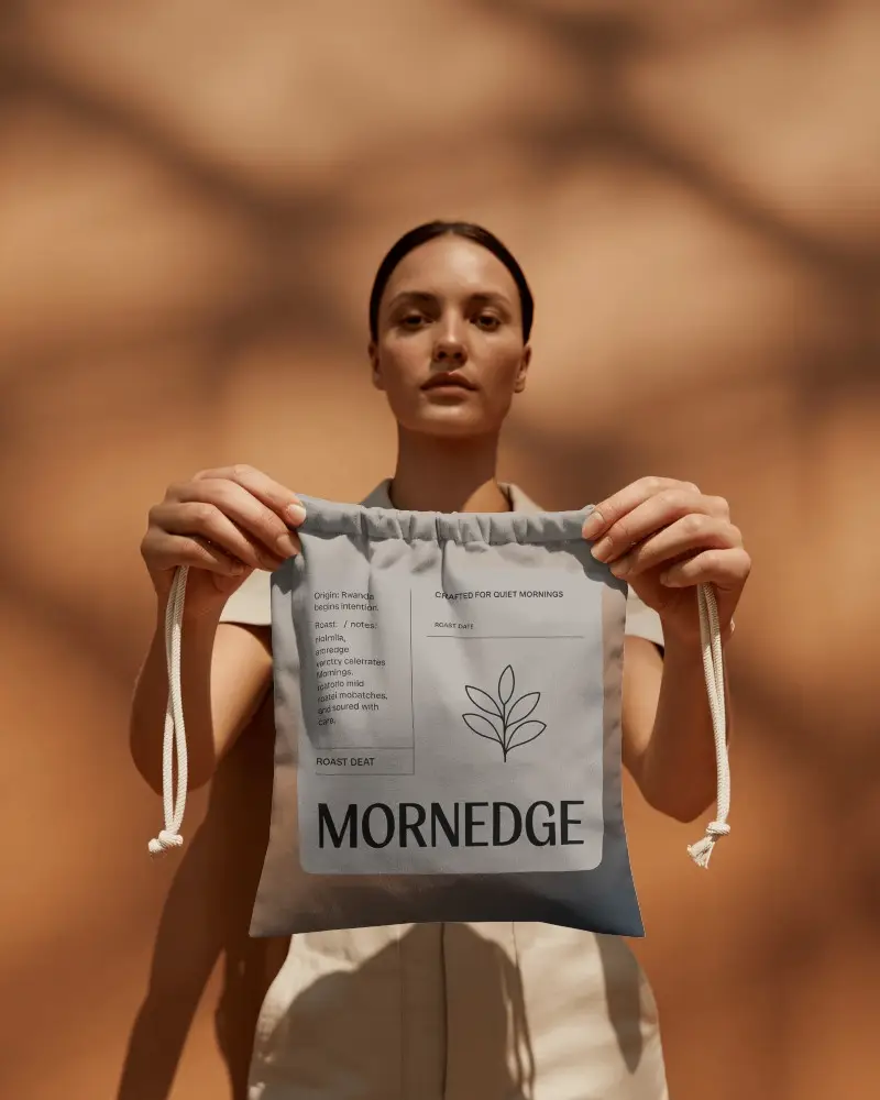 Drawstring Pouch Mockup Held By Model In Warm Natural Light With Soft Shadows