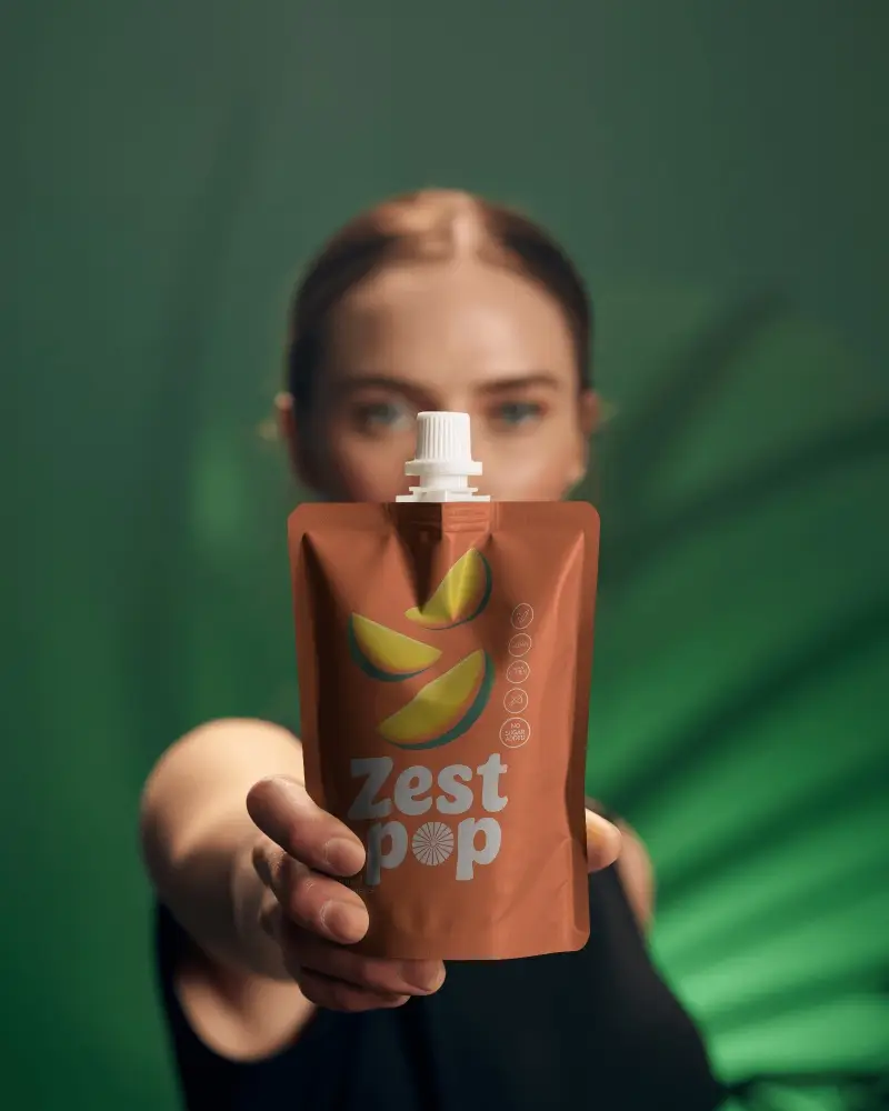 Spout Pouch Mockup Held Forward By Model With Green Studio Blurred Background