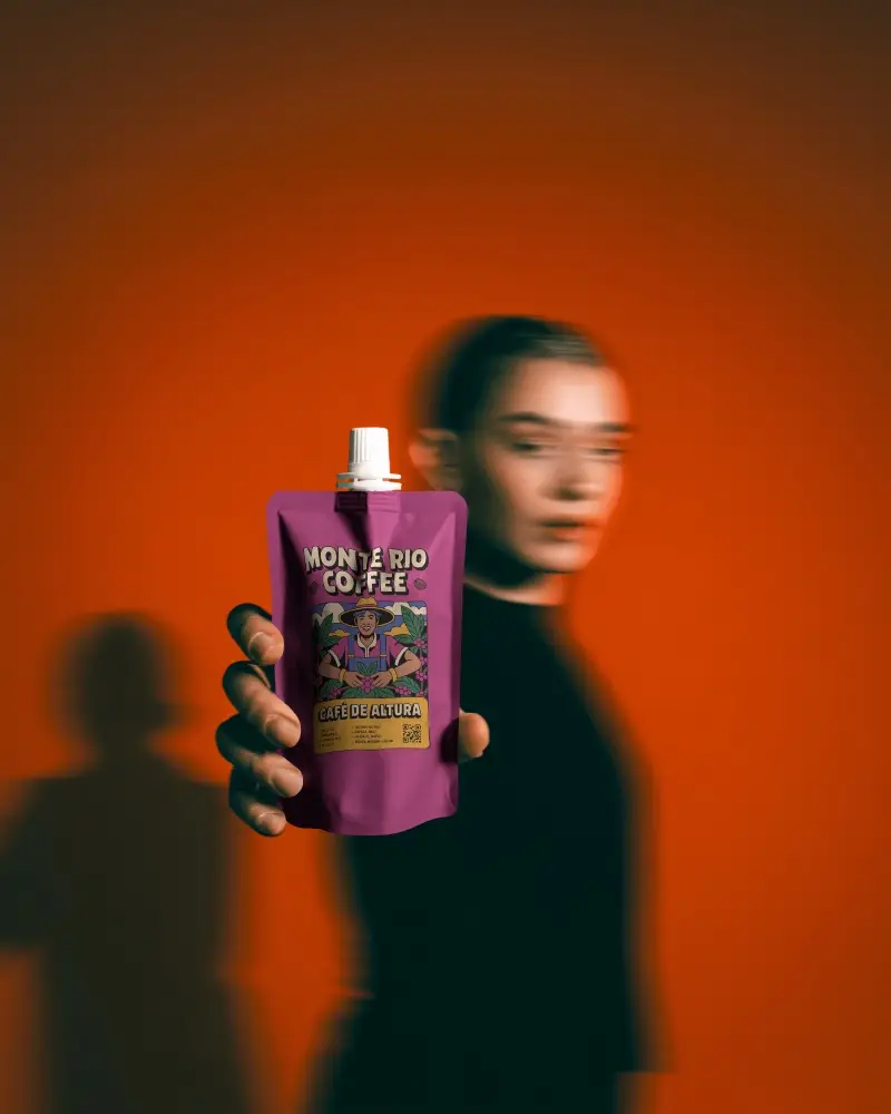 Dynamic Spout Pouch Mockup Held Forward With Motion Blur On Orange Background