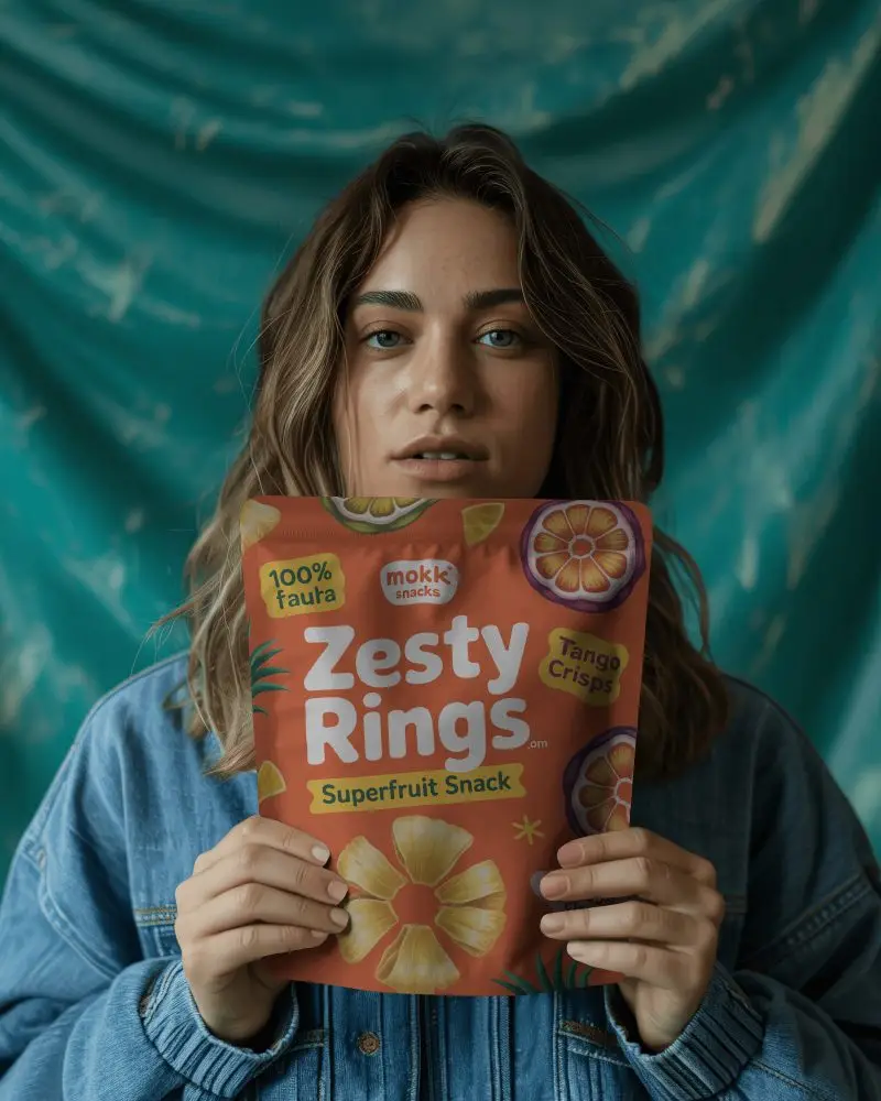 Lifestyle Flat Pouch Mockup Held Front By Model With Textured Blue Backdrop
