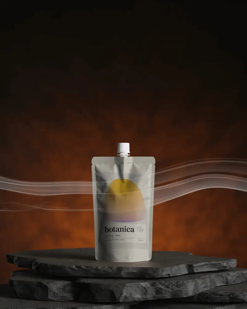 Spout Pouch Mockup Standing On Stone Pedestal With Dark Cinematic Background