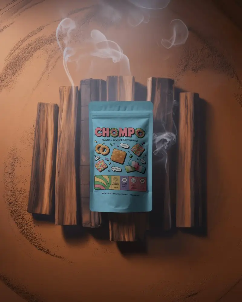 Stand Up Pouch Mockup Centered On Wooden Logs With Soft Smoke Effect