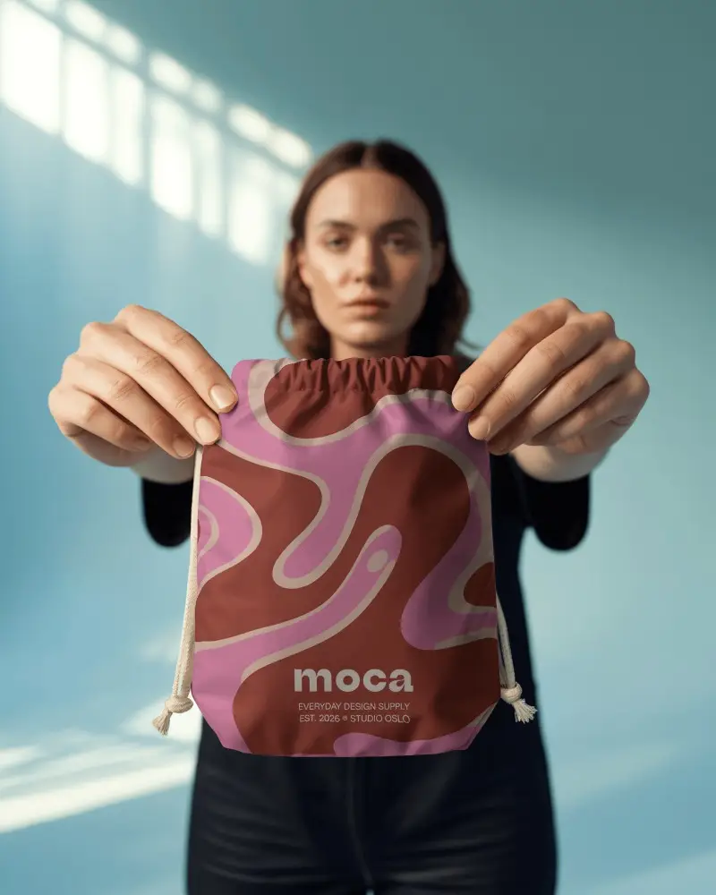 Drawstring Pouch Mockup Held Forward By Model In Soft Daylight Studio