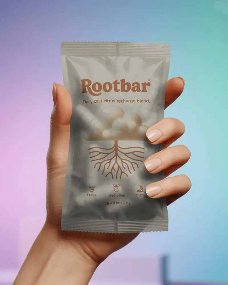 Small Sachet Pouch Mockup Held In Hand With Soft Gradient Background Studio Light