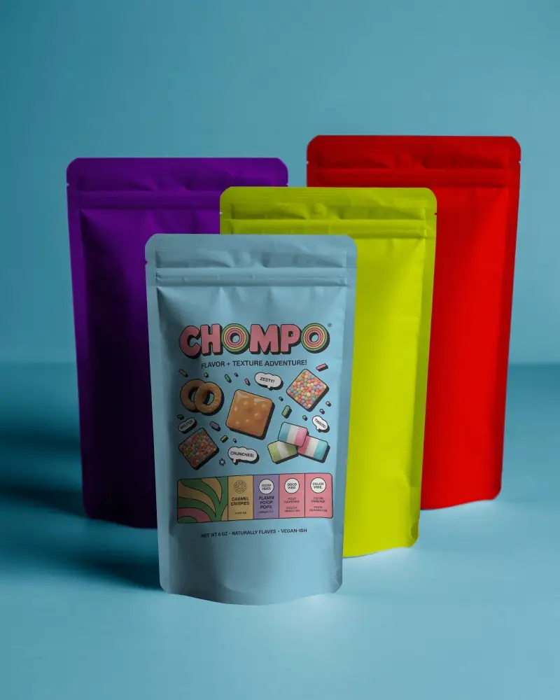 Multi Color Stand Up Pouch Mockup Set Arranged In Studio Light Clean Blue Background