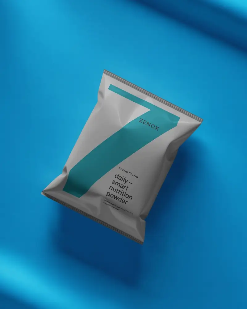 Snack Style Flat Pouch Mockup Top Angle View Minimal Setting Blue Studio Background