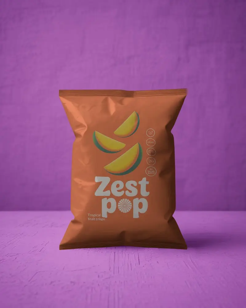 Snack Packaging Pouch Mockup Front View With Bold Purple Textured Background Studio Shot