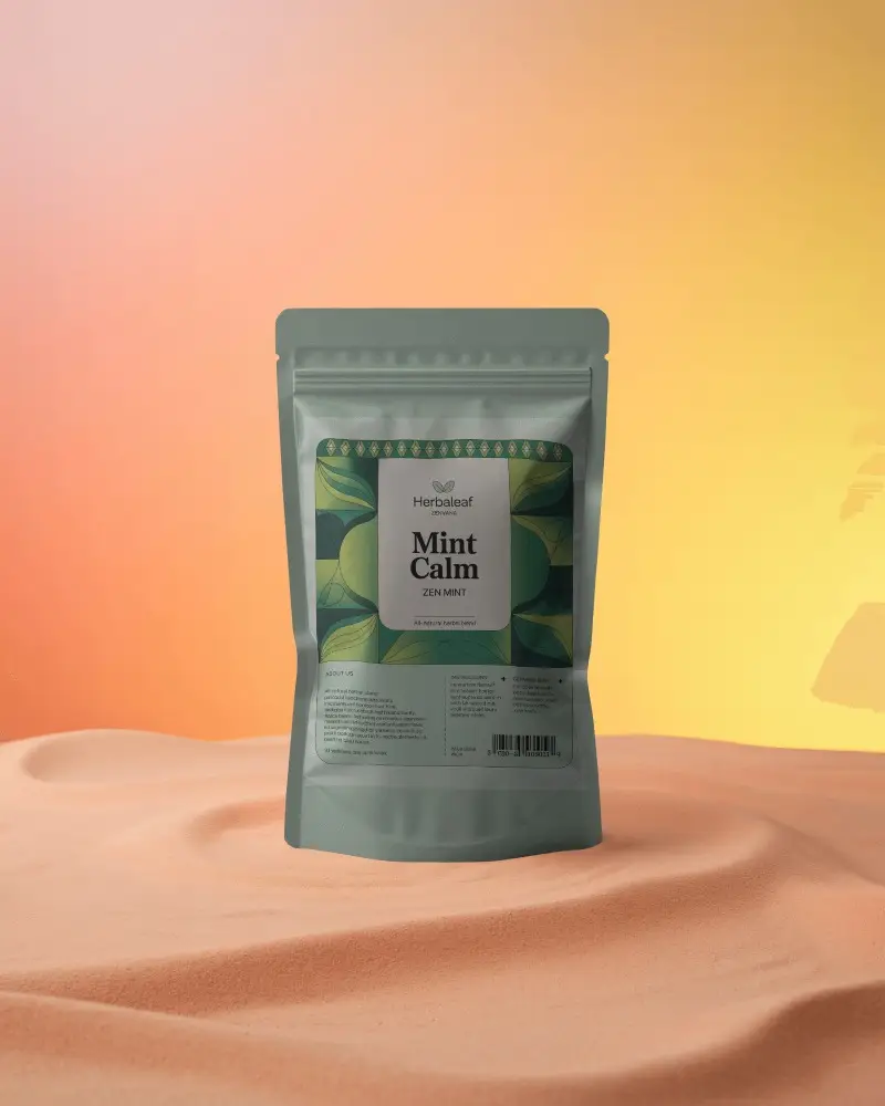 Stand Up Pouch Mockup On Sand With Warm Sunset Gradient Background Soft Dune Setting
