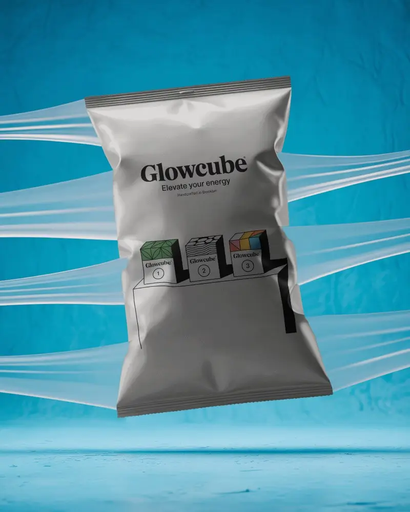 Dynamic Snack Pouch Mockup Centered With Motion Lines On Cool Blue Studio Scene