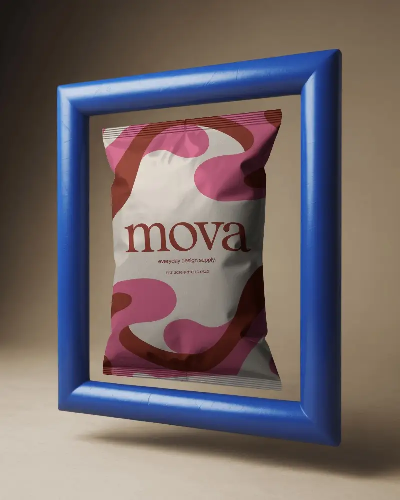 Snack Pouch Mockup Centered Inside Bold Blue Rectangular Frame On Neutral Background