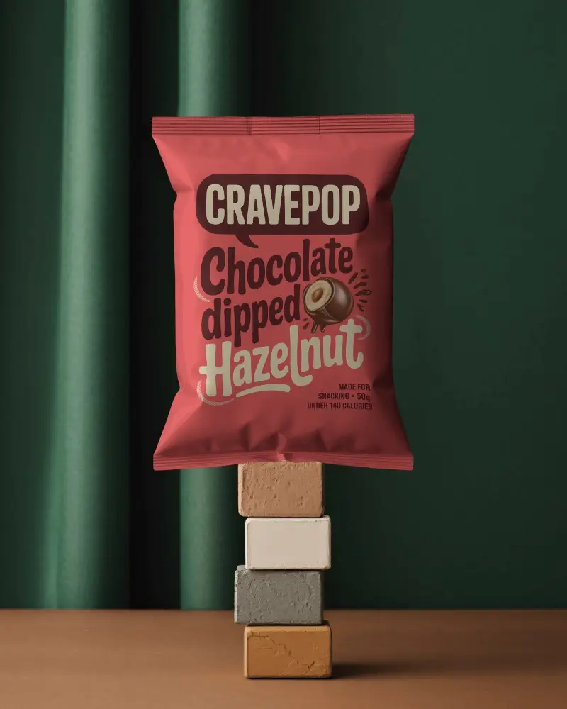 Snack Pouch Mockup Balanced On Stacked Textured Blocks Against Deep Green Backdrop