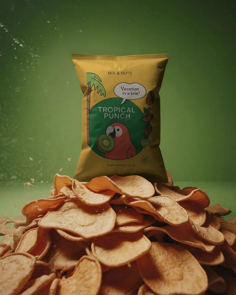 Realistic Snack Pouch Mockup Centered Above Potato Chips With Soft Studio Light