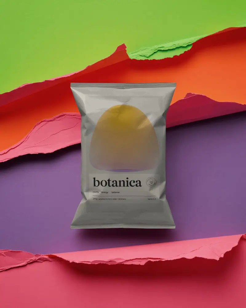 Modern Snack Stand Up Pouch Mockup With Creative Ripped Paper Design Backdrop