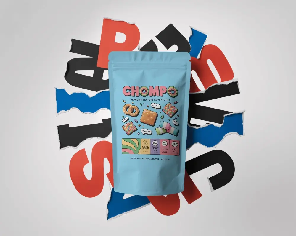 Modern Stand Up Zipper Pouch Mockup Centered On Torn Typography Collage Background