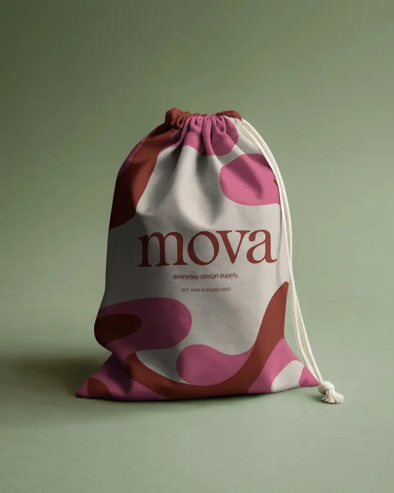 Drawstring Pouch Mockup Standing On Soft Green Studio Natural Folds And Clean Light