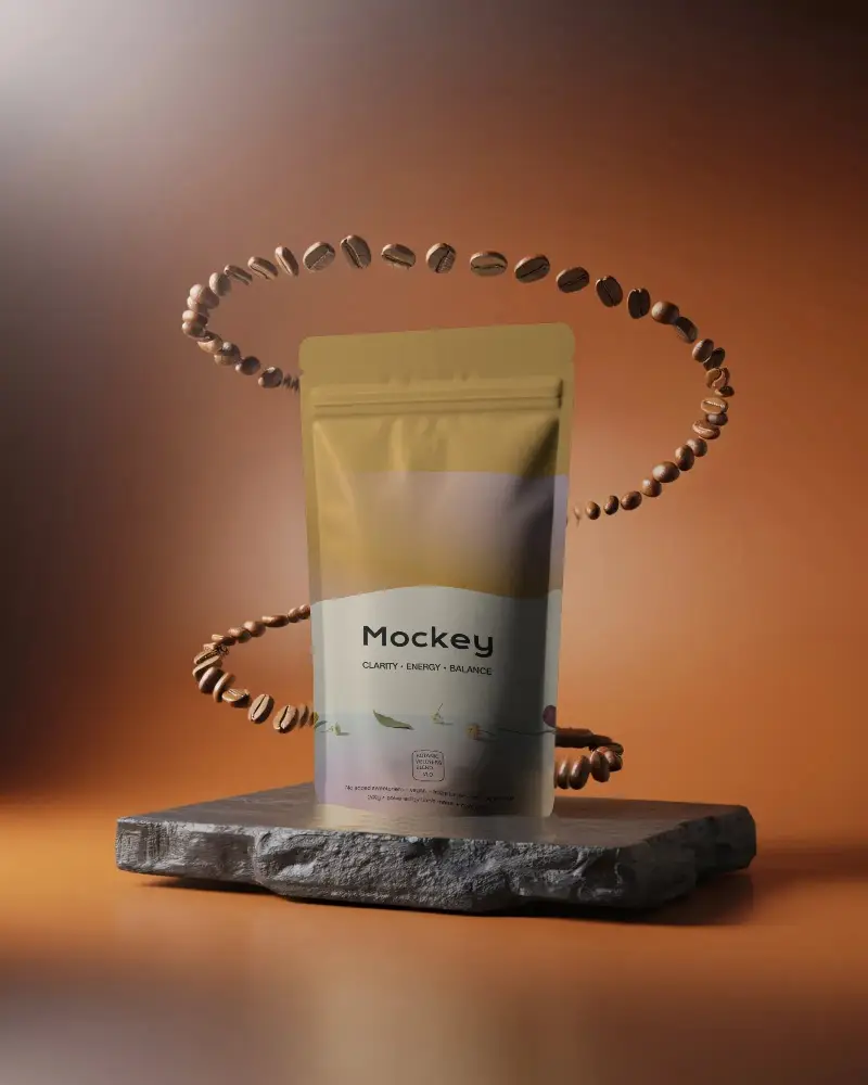 Premium Resealable Pouch Mockup With Dynamic Coffee Bean Floating Spiral Effect