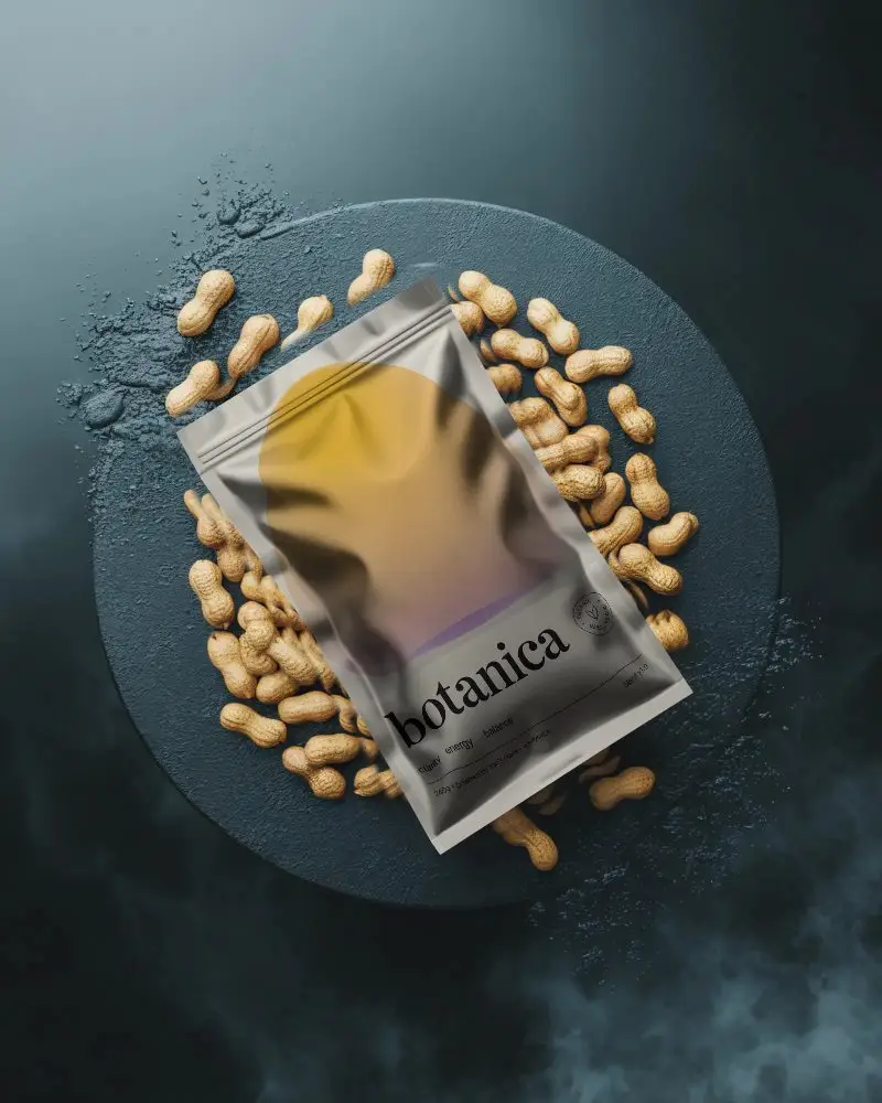 Sleek Zipper Pouch Mockup On Textured Surface With Peanut Accessories For Packaging Design