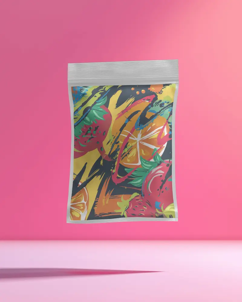 Floating Colorful Pouch Mockup Against Vibrant Pink Background With Abstract Fruit Themed Design Dynamic And Modern Aesthetic