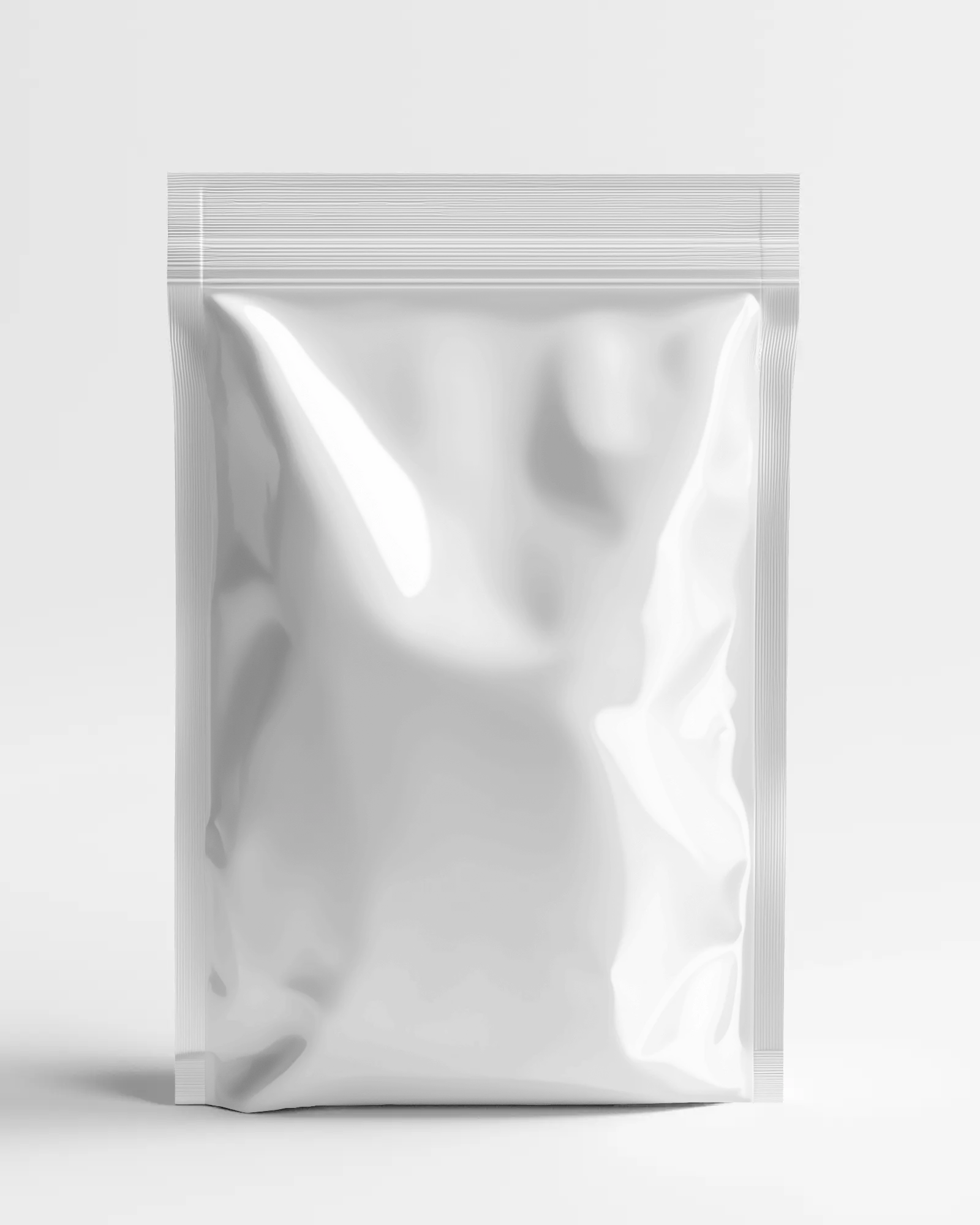 High Resolution Stand Up Pouch Mockup Flat Front View Silver Sachet On White Backdrop For Premium Packaging Showcase