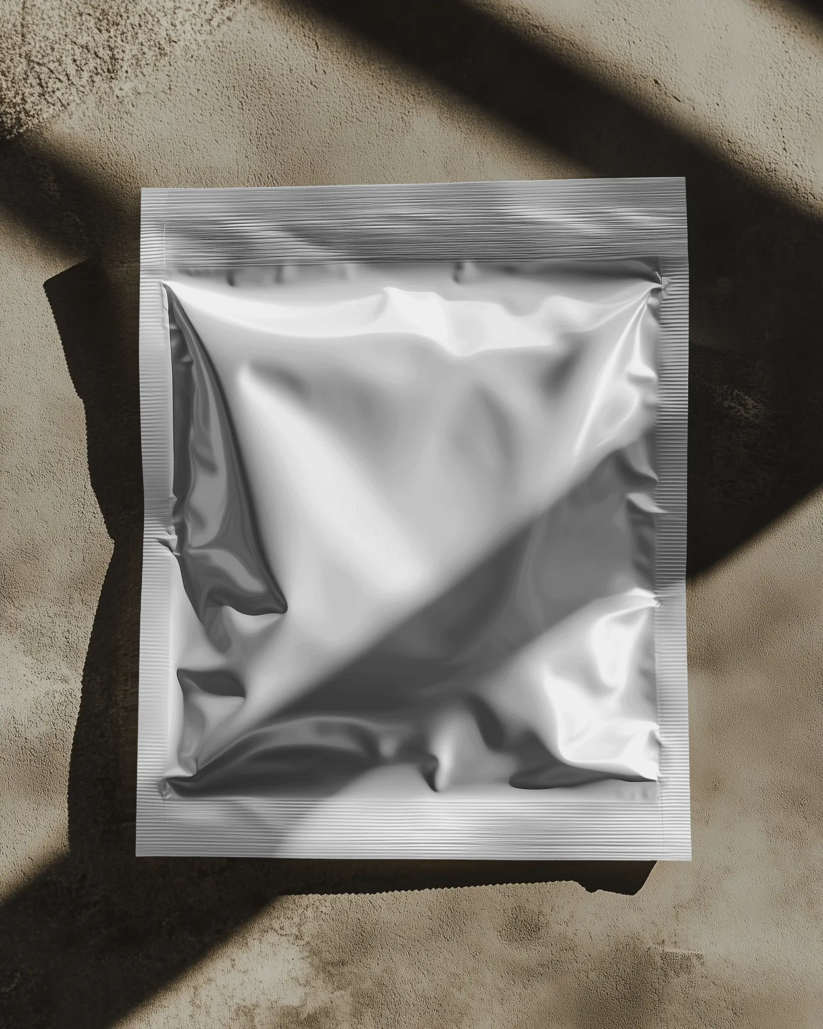 Sunlit Concrete Surface Pouch Mockup Sealed Foil Packaging Charcoal And Flames Design Dramatic Shadows Realistic Light Play071