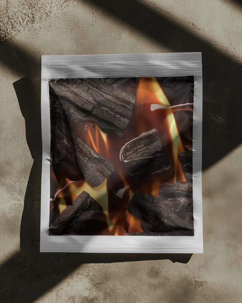 Sunlit Concrete Surface Pouch Mockup Sealed Foil Packaging Charcoal And Flames Design Dramatic Shadows Realistic Light Play071