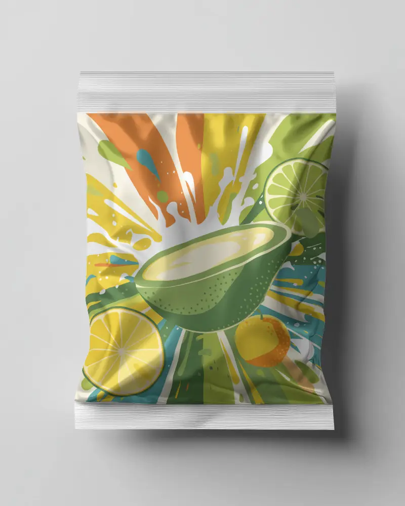 Colorful Fruit Splash Pouch Mockup Vibrant Citrus Explosion Design With Kiwi Lemon And Lime On Minimal Background 073