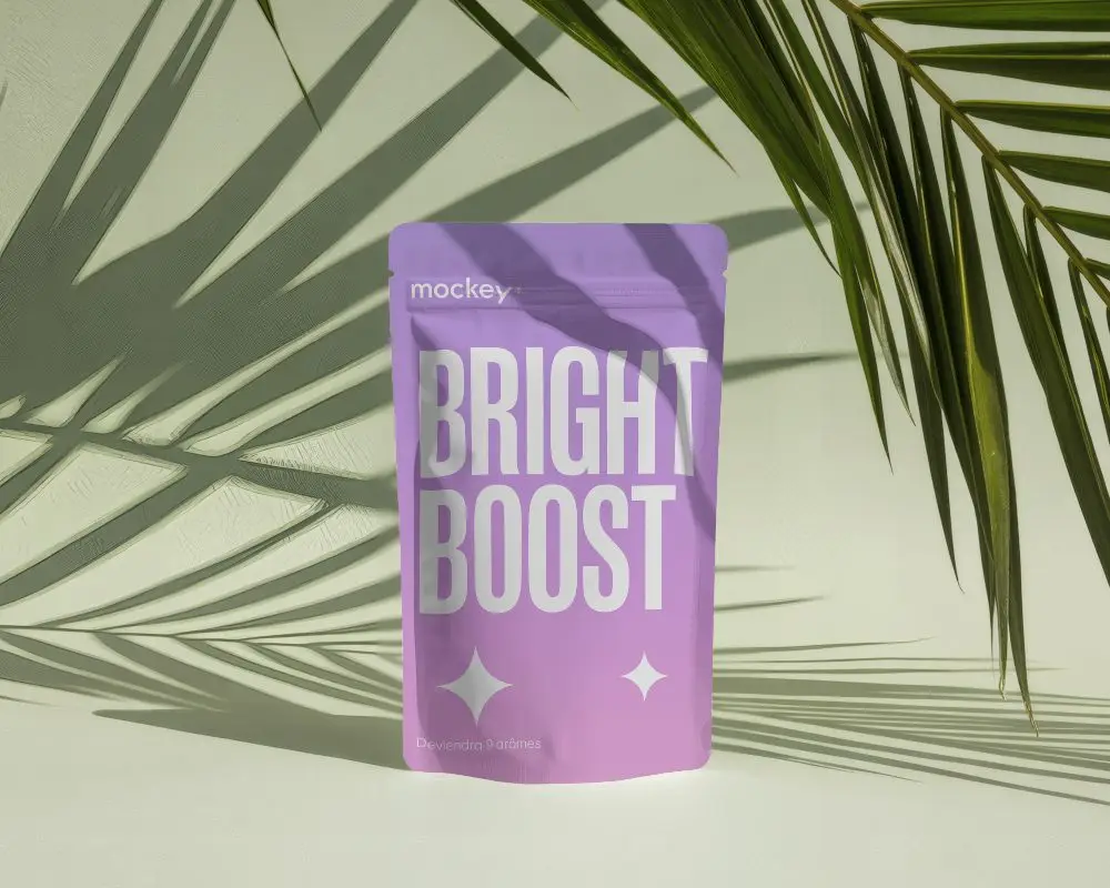 Premium Stand Up Pouch Packaging Sealable Pouch With Natural Leaf Shadow Background