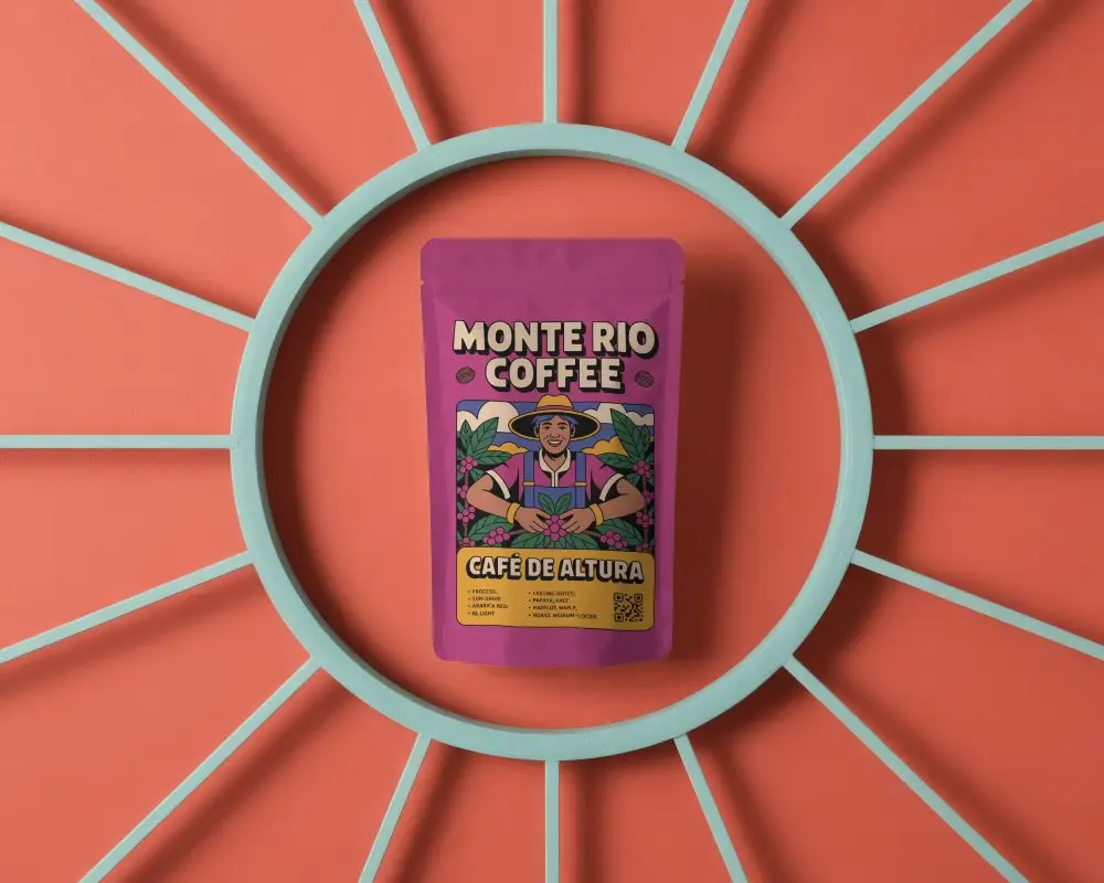 Front Facing Pouch Packaging Mockup Against Aqua And Orange Sunburst Grid Background Bold And Trendy