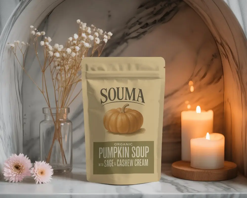 Matte Packaging Pouch Mockup In Relaxing Scene Candle Glow Marble And Floral Decor Wellness Vibes