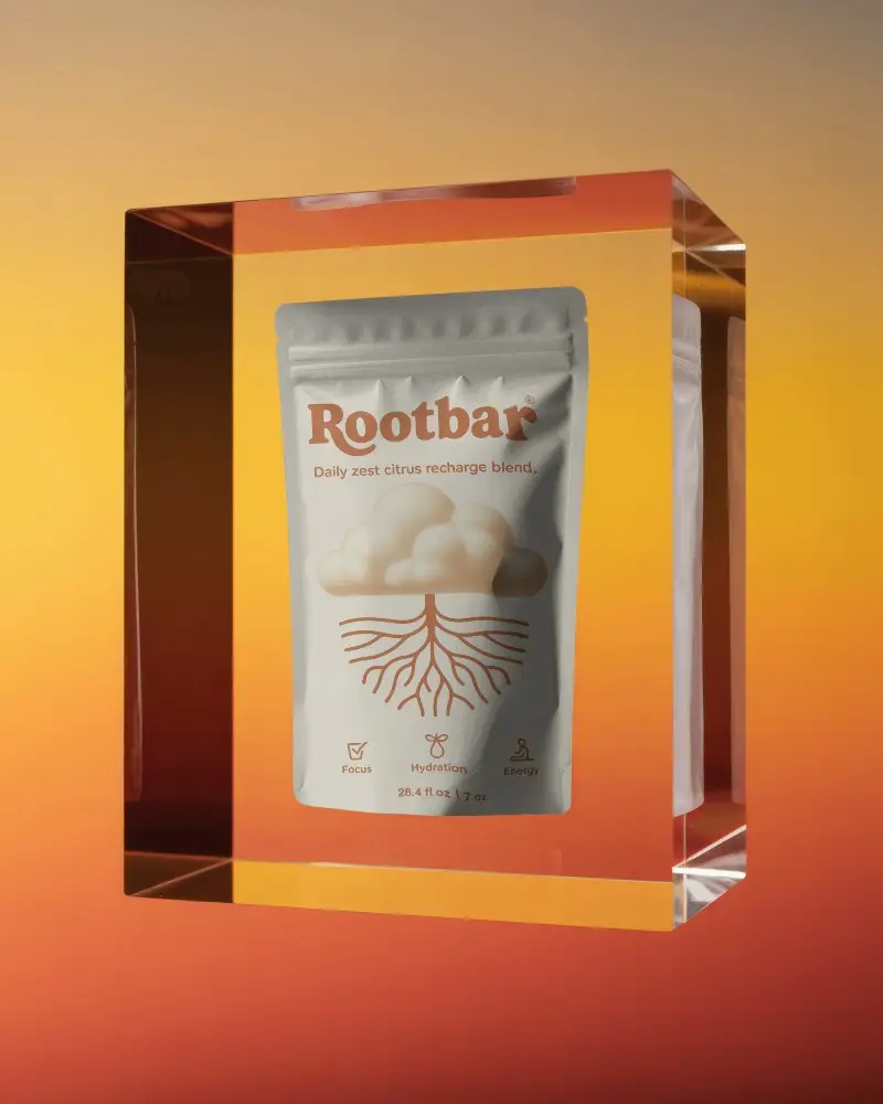 Floating Pouch Mockup Inside Transparent Orange Protective Box Display With Vibrant Gradient Light