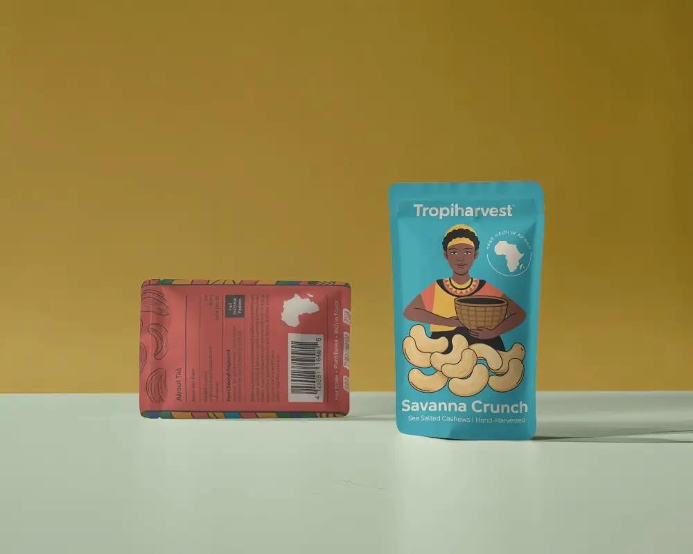 Duo Pouch Mockup On Two Tone Surface Standing And Lying Flat Yellow Background Product Combo Layout