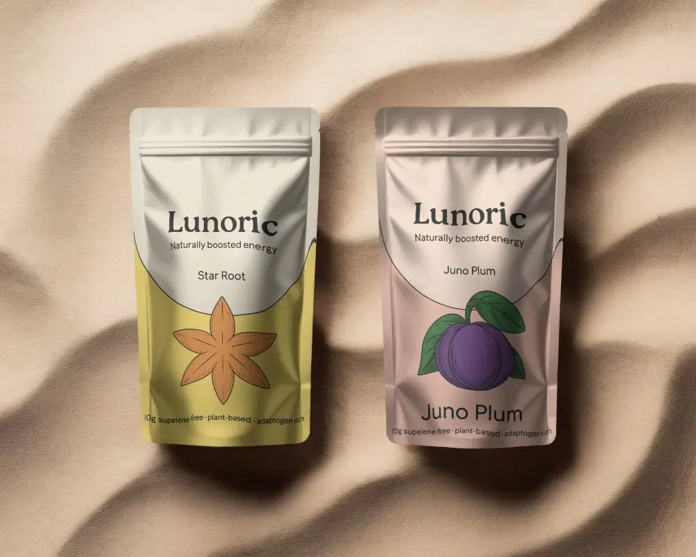 Desert Inspired Flat Lay Pouch Mockup Two Packets With Rippled Beige Background Organic Aesthetic