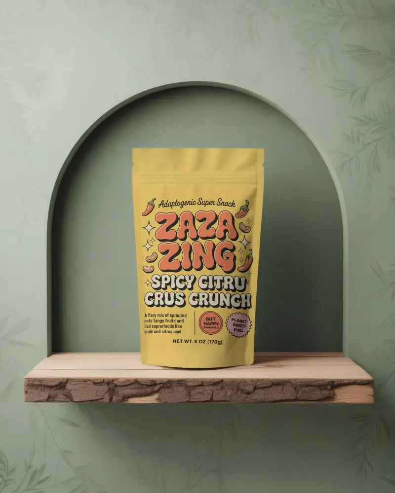 Eco Style Pouch Mockup In Textured Arch Setting On Wood Slab With Soft Floral Wall Design