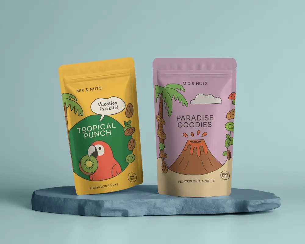 Dual Pouch Mockup Standing On Blue Stone Platform Against Light Aqua Background Balanced Product Shot