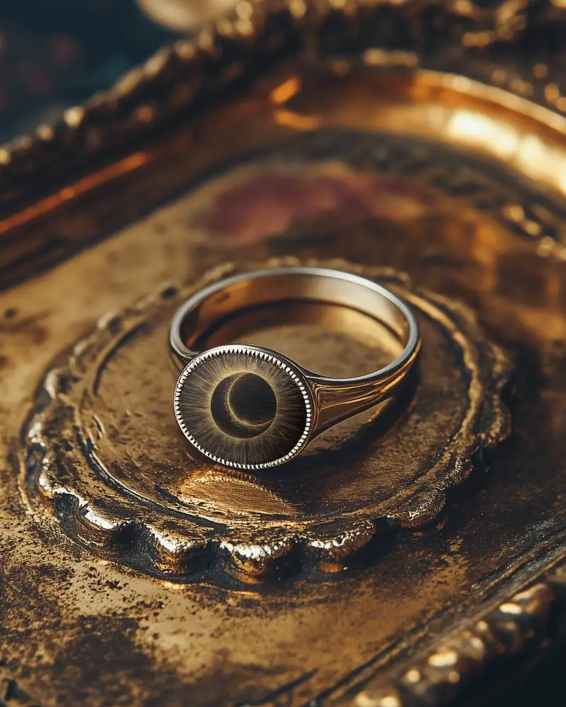 Vintage Ring Mockup On Golden Tray Classic Mood Warm Tones Decorative Reflection Background