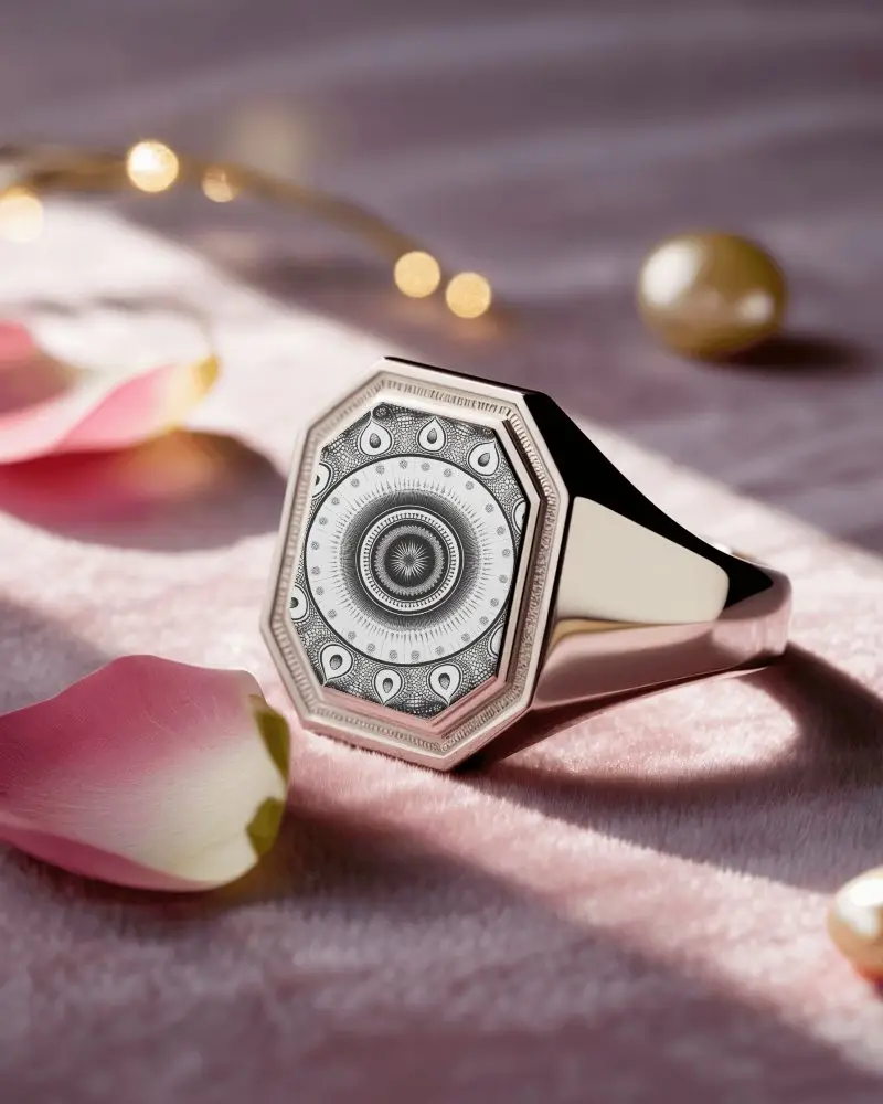 Elegant Octagon Ring Mockup On Soft Velvet Background With Petal And String Lights Jewelry Scene 0133