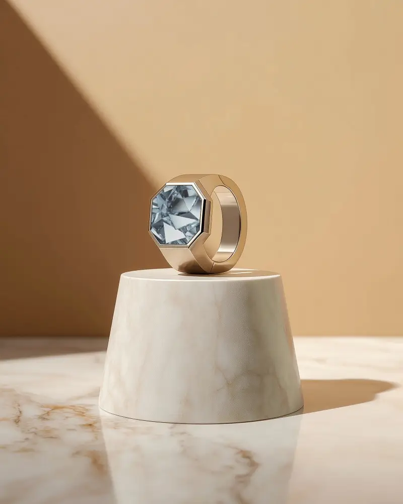 Premium Octagon Ring On Marble Pedestal For Modern Jewelry Presentation