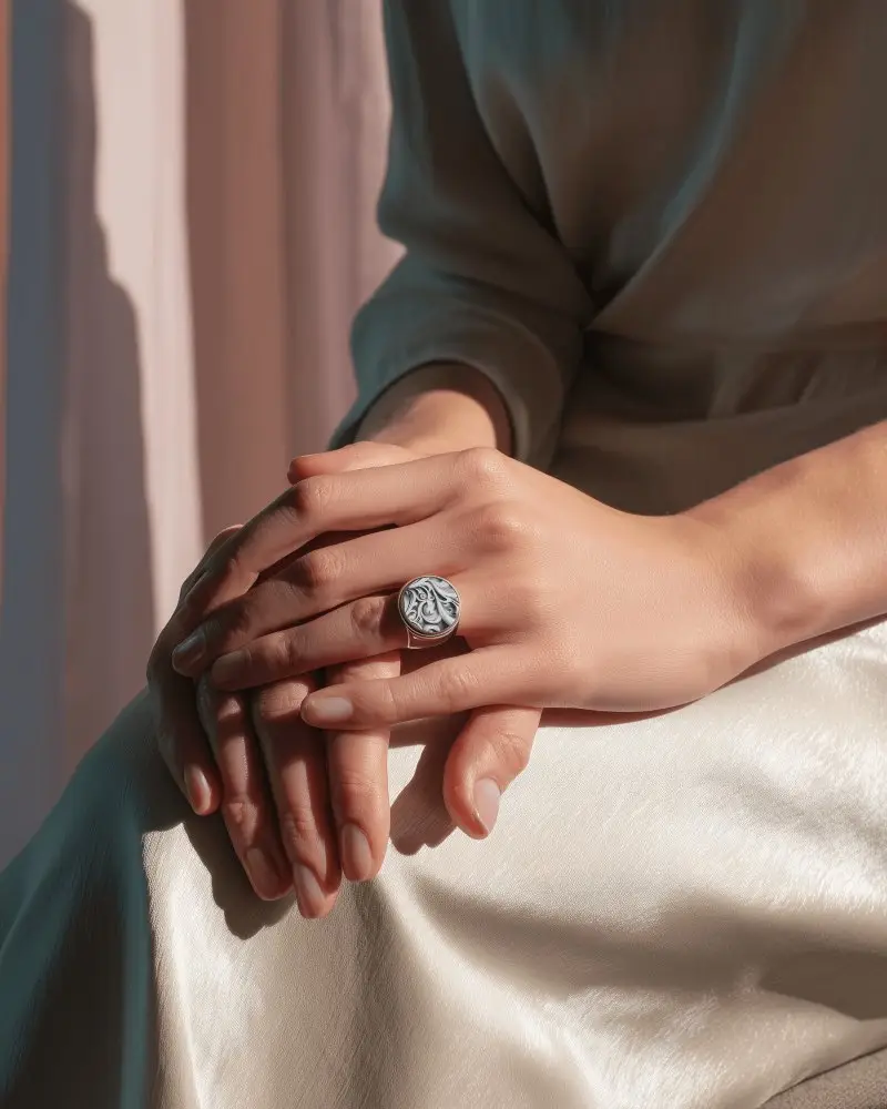 Elegant Simple Round Ring On Feminine Hand Model Fashion Jewelry Accessory In Natural Light