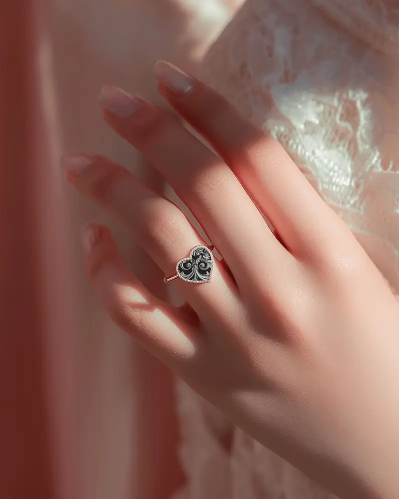 Elegant Heart Shaped Ring On Feminine Hand Minimalistic Jewelry Accessory Showcase