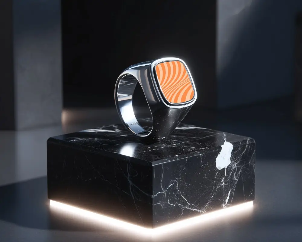 Modern Minimalist Signet Ring Mockup On Luxury Marble Display Platform For Design Preview