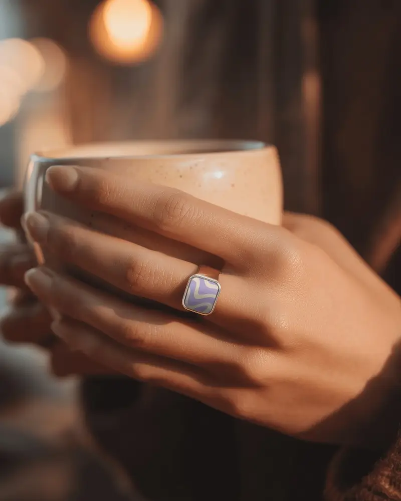 Elegant Square Signet Ring Mockup On Fashionable Female Hand Holding Cozy Cup