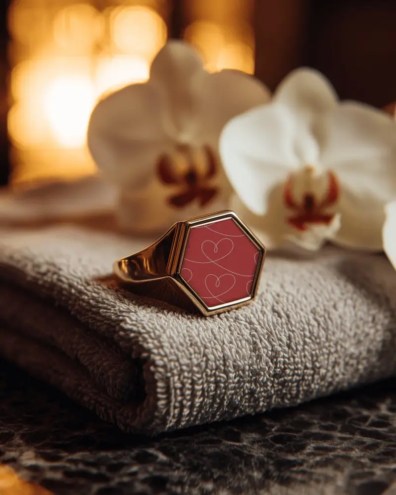 Luxury Hexagon Signet Ring Mockup Placed On Textured Fabric With Orchid Flower Background