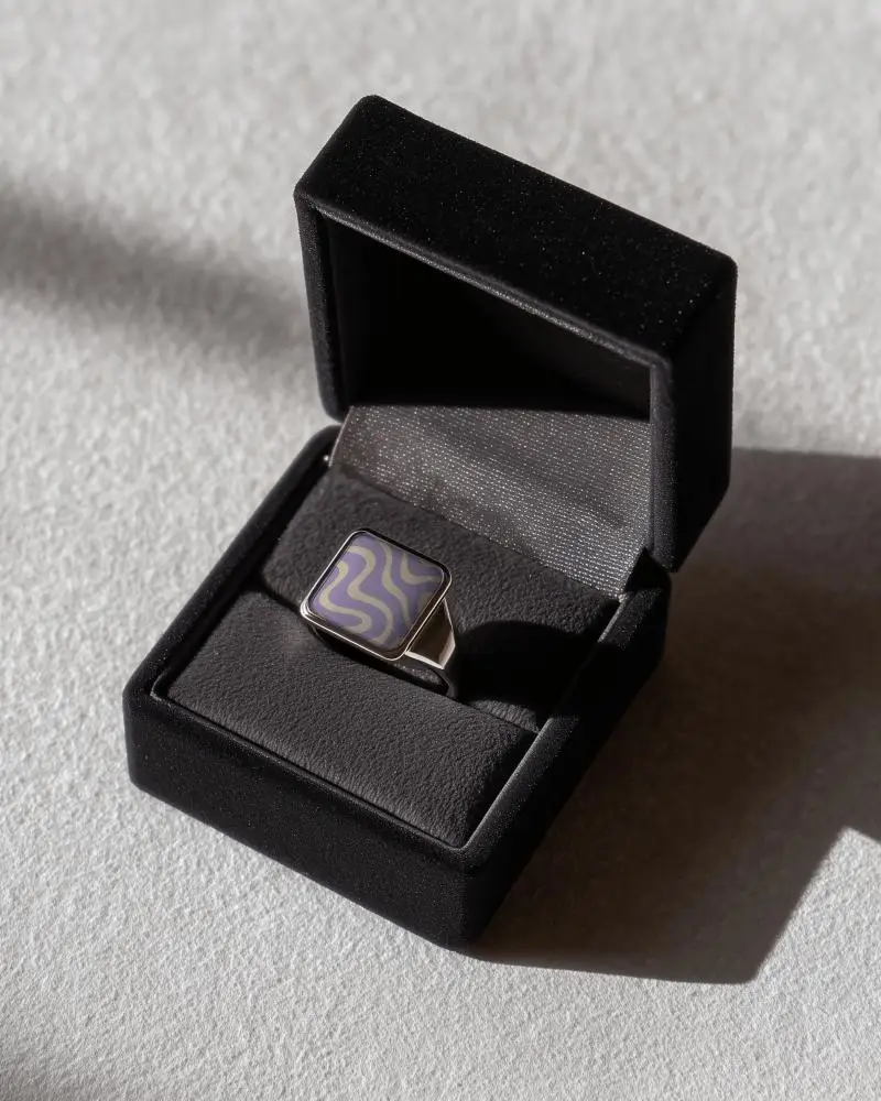 Sleek Modern Square Top Ring Mockup In Luxury Jewelry Box For Mens Fashion Accessories Presentation