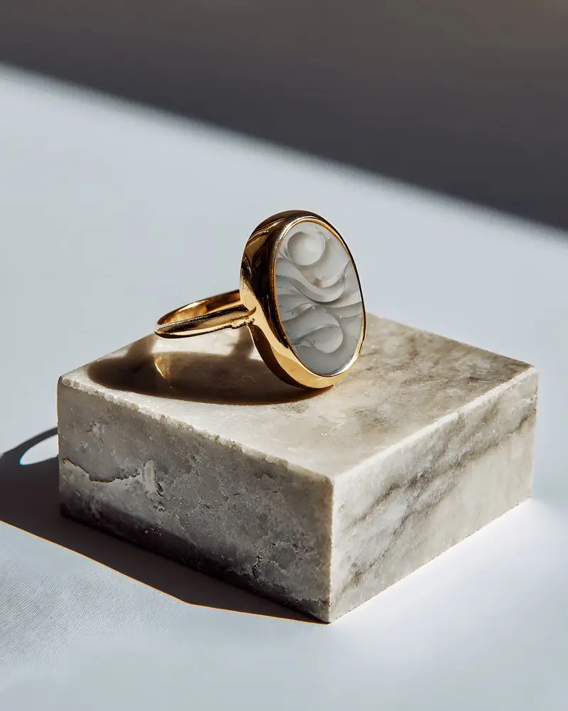 Minimalistic Bold Ring Mockup With Oval Centerpiece On Marble Base For Promotional Use