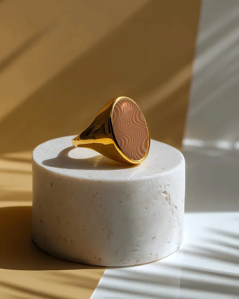 Premium Jewelry Mockup With Signet Ring Displayed On Textured Cylinder For Brand Marketing