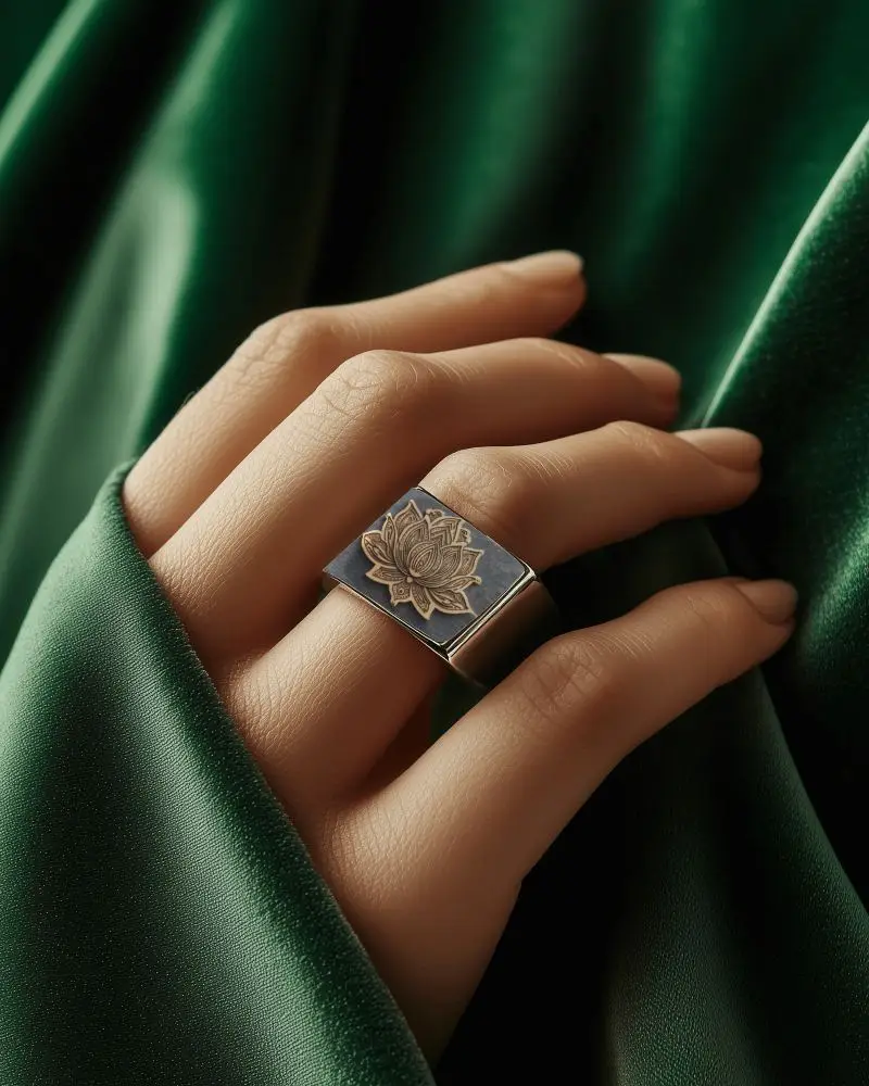 Rectangle Ring Mockup Female Hand Wearing Bold Band On Green Velvet Draped Background